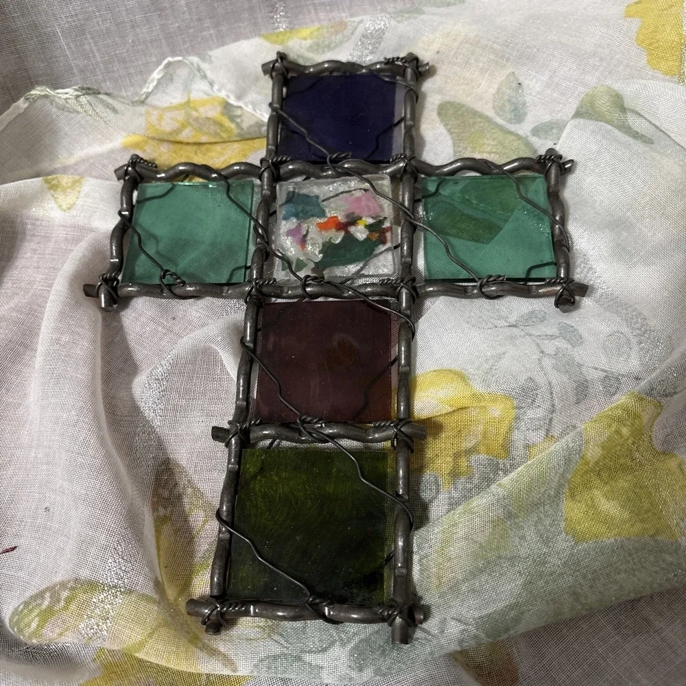 Metal Framed‎ Cross With Stained Glass